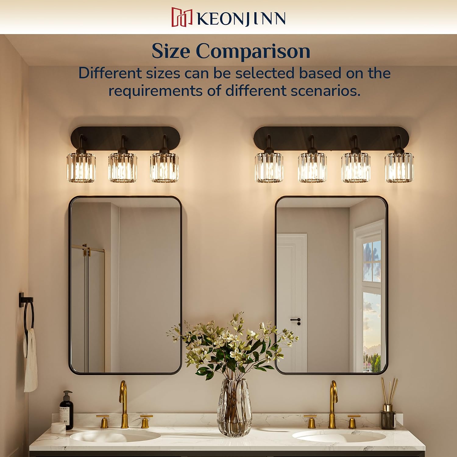 Keonjinn 4-Light Bathroom Light Fixtures, Crystal Black Bathroom Vanity Lights Over Mirror, Vanity Lighting Fixtures with Crystal Square Shades (E26 Socket, Exclude Bulb)