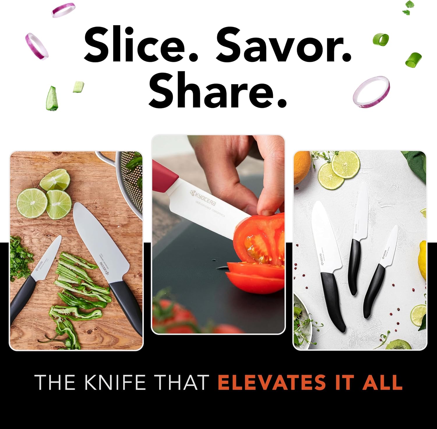 Kyocera Revolution 3pc ceramic knife set, 6', 5' and 3', Black
