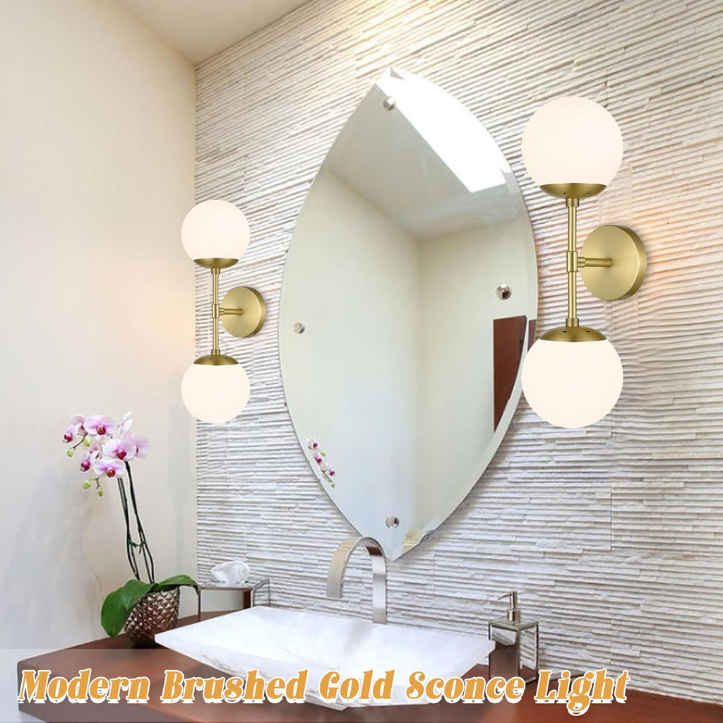 KoKo&Yukina 2 Pack Gold Vanity Light Fixtures Mid Century Modern Bathroom Vanity Light with Milky White Glass Globe Sconce Lights Fixture Vanity Lights for Bathroom (Bulb Include)