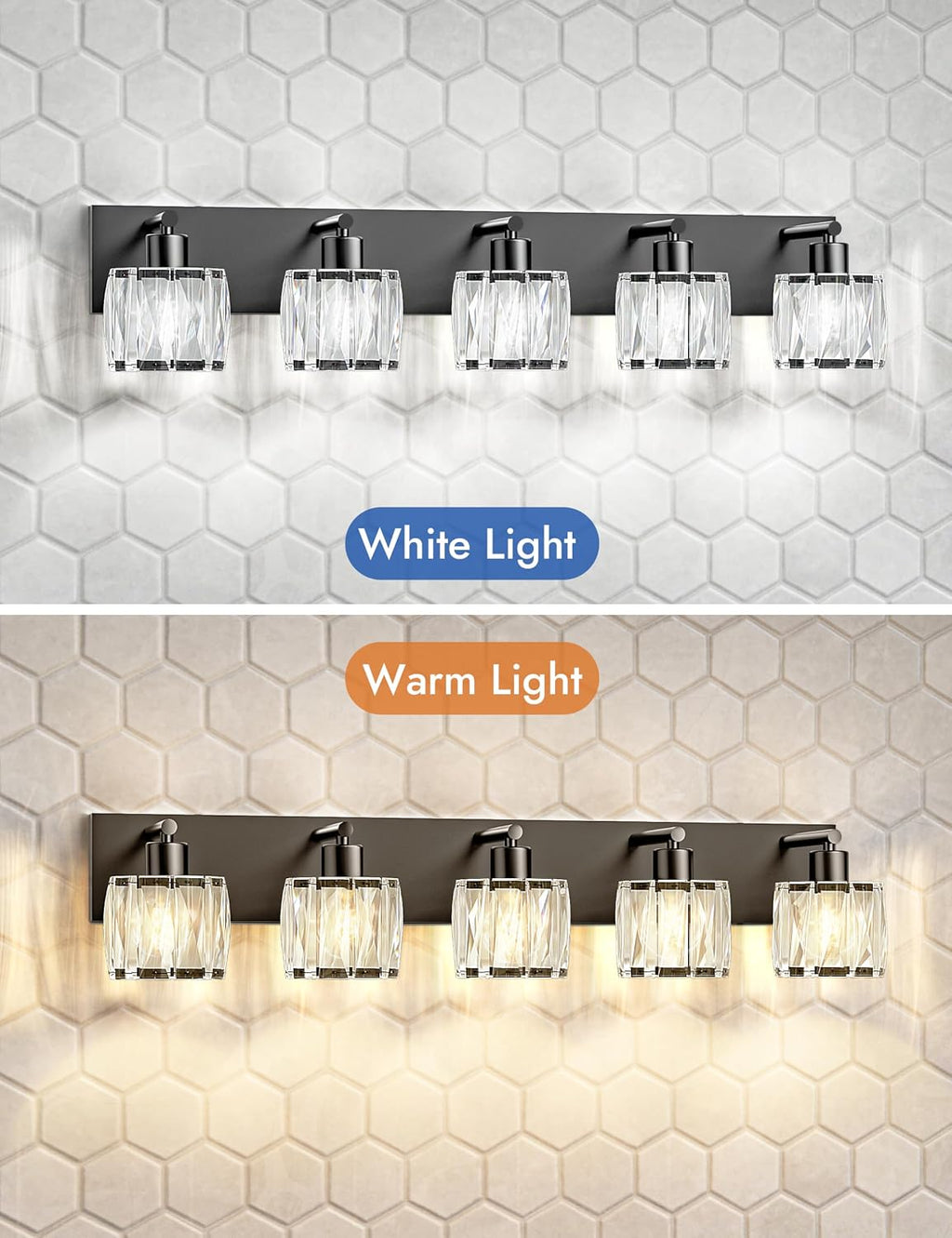 VOLISUN Crystal Vanity Lights for Bathrooms, 5 Light Bathroom Vanity Light, Modern Matte Black Bathroom Light Over Mirror, Black Bathrooms Lights Fixtures-UL Certificated(Exclude Bulb)