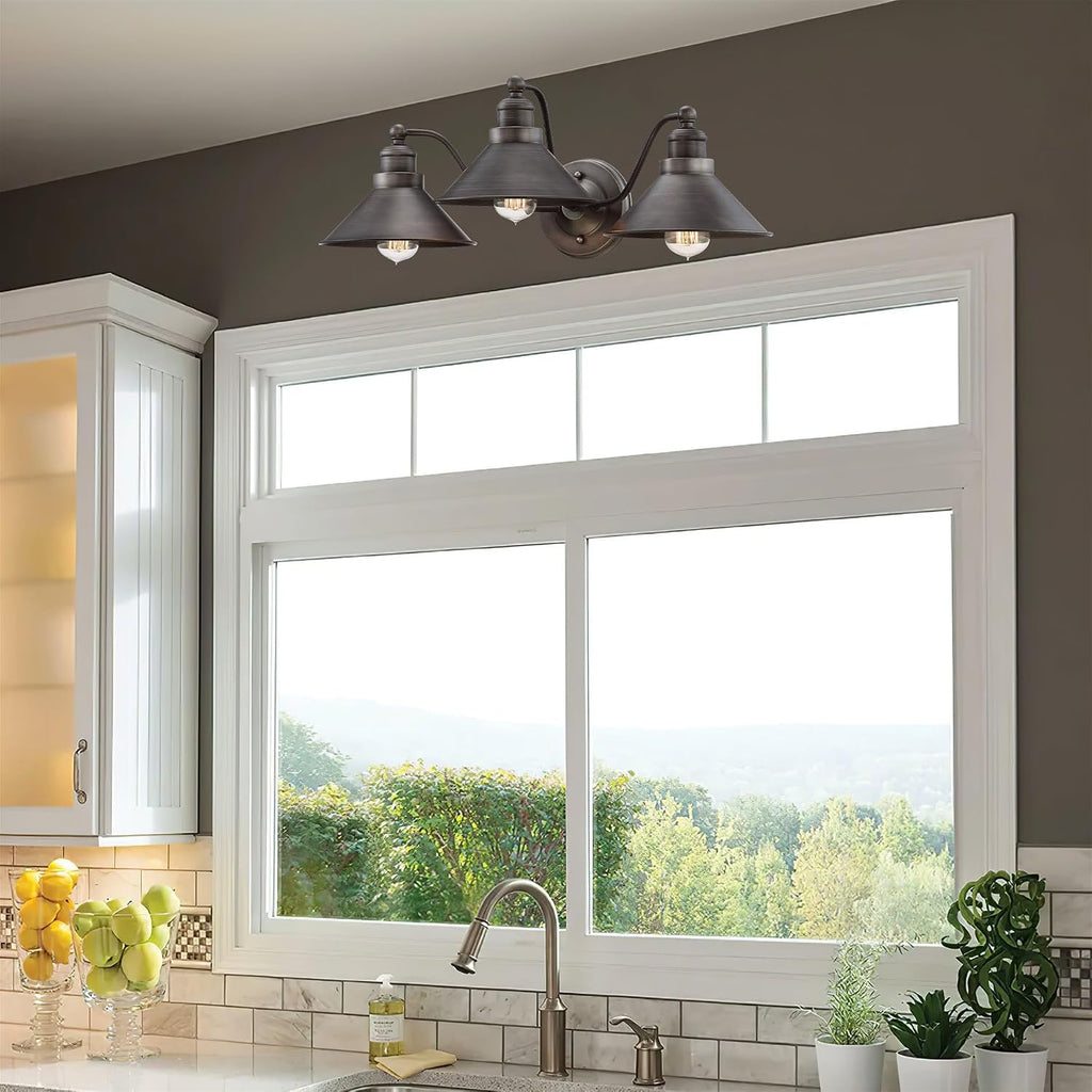 Kira Home Welton 25.5' 3-Light Modern Farmhouse Vanity Light with Funnel Shades, Industrial Dark Bronze Wall Sconce Bathroom Light, Brushed Dark Bronze Finish