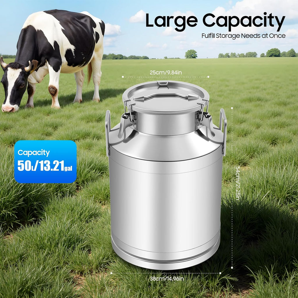 13 Gallon Stainless Steel Milk Can 50L Milk Jug | Food-grade Stainless Steel Container, Milk Bucket, Water Jug, Silicone Sealed Lid, Heavy Duty