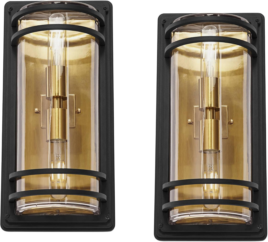 John Timberland Habitat Modern Industrial Wall Light Sconces Set of 2 Black Warm Brass Hardwire 7 1/2' Fixture Clear Glass Shade for Bedroom Bathroom Bedside Vanity Living Room Home Hallway