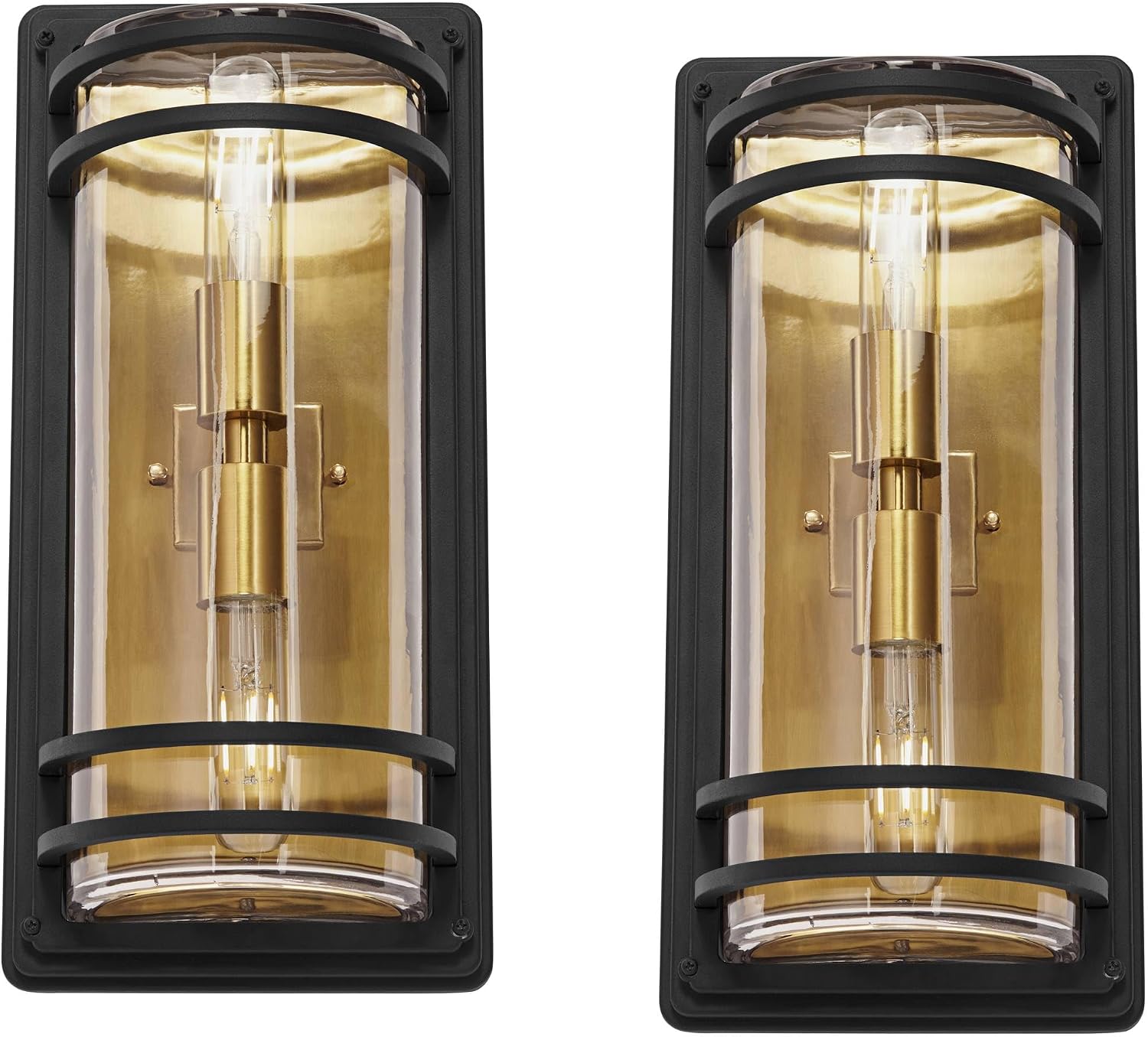 John Timberland Habitat Modern Industrial Wall Light Sconces Set of 2 Black Warm Brass Hardwire 7 1/2' Fixture Clear Glass Shade for Bedroom Bathroom Bedside Vanity Living Room Home Hallway