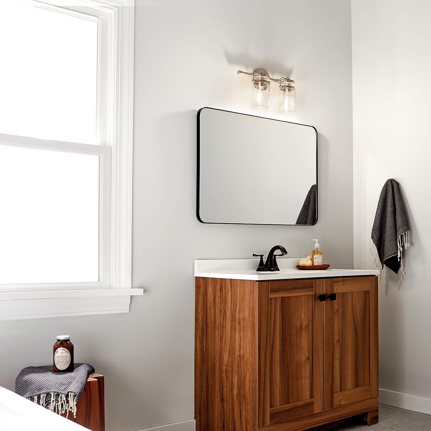 Kichler Brinley 15.75' Vanity Light in Brushed Nickel, 2-Light Farmhouse Bathroom Vanity Light with Clear Glass, (15.75' W x 10' H), 45688NI