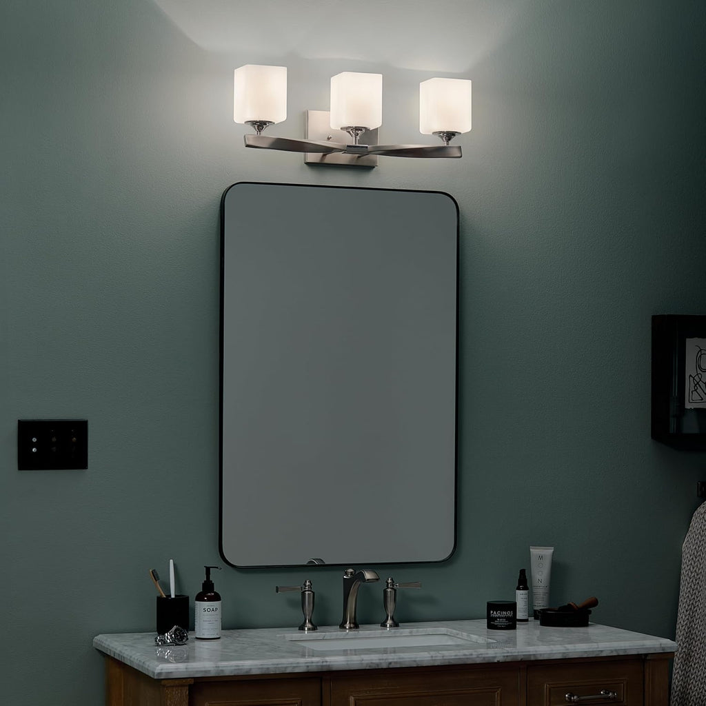 Kichler Marette 22.75' Vanity Light in Brushed Nickel, 3-Light Modern Bathroom Light with Satin Etched Cased Opal Glass, (22.75' W x 8' H), 55002NI