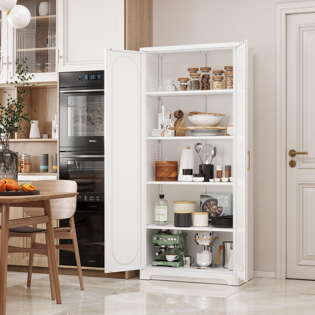 SteeLoong Kitchen Pantry Cabinet,71'Metal White Storage Cabinet with Doors and Shelves,Tall Cabinet with 2 Gold Hands for Dinning Room,Living Room