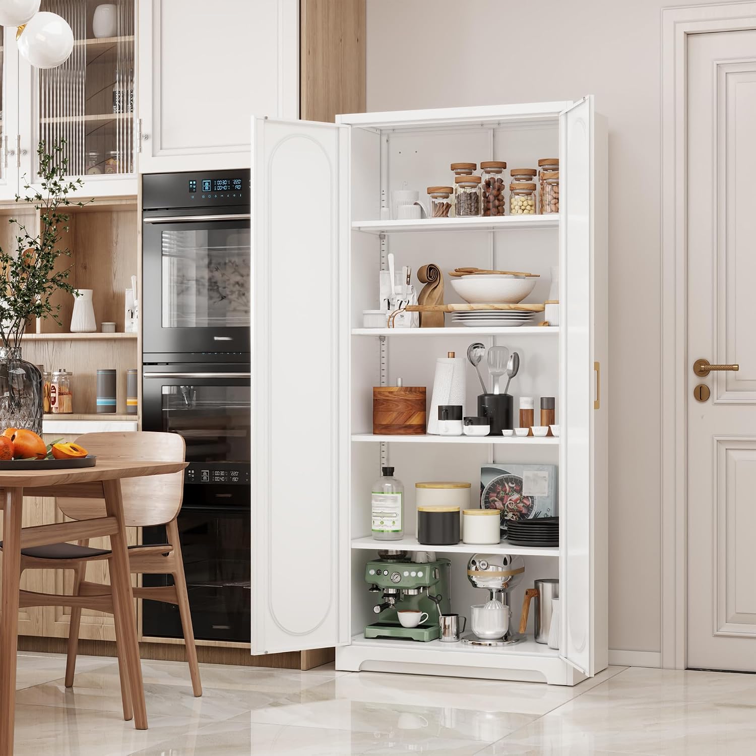 SteeLoong Kitchen Pantry Cabinet,71'Metal White Storage Cabinet with Doors and Shelves,Tall Cabinet with 2 Gold Hands for Dinning Room,Living Room