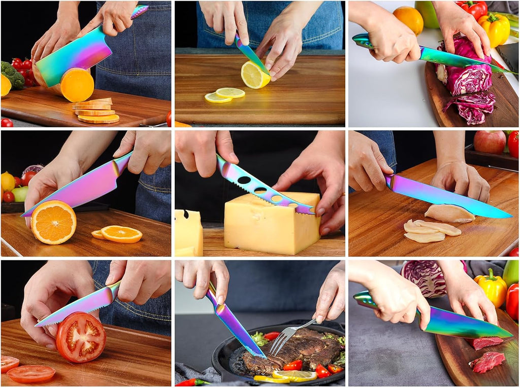 Rainbow Knife Block Set 27-Piece, Iridescent German Stainless Steel Kitchen Knives Set with Wooden Holder, Colorful Titanium Coating, Include Scissors and 2-Stage Built-in Sharpener and 8pcs Gadgets