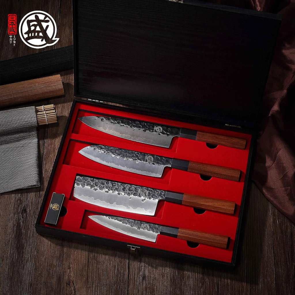 MITSUMOTO SAKARI 4-Piece Japanese Chef Knife Set, 9Cr18MoV Steel | Gyuto, Santoku, Nakiri and paring knives, 3-layer 9Cr18MoV steel, rosewood handles, sandalwood box