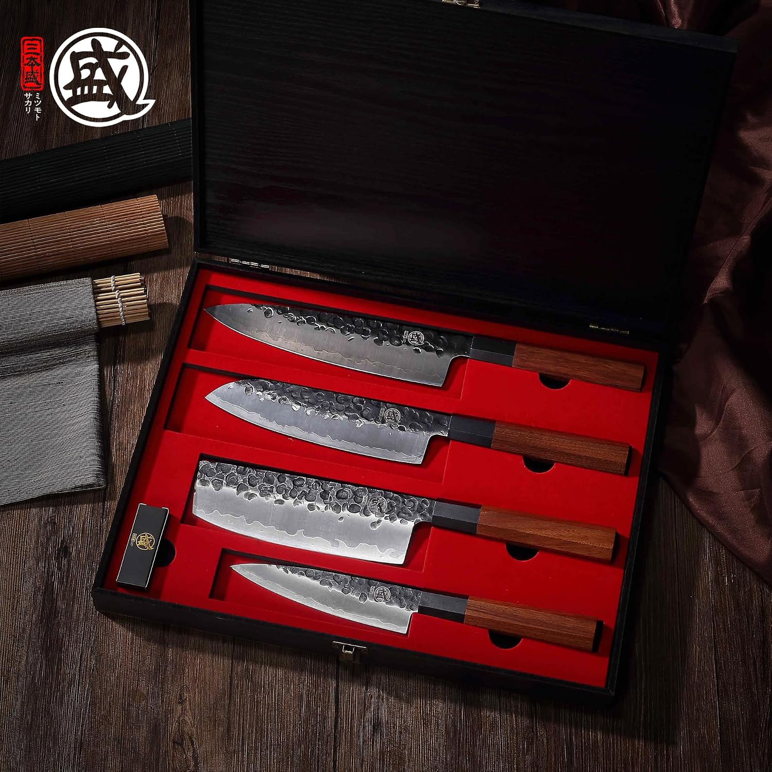 MITSUMOTO SAKARI 4-Piece Japanese Chef Knife Set, 9Cr18MoV Steel | Gyuto, Santoku, Nakiri and paring knives, 3-layer 9Cr18MoV steel, rosewood handles, sandalwood box