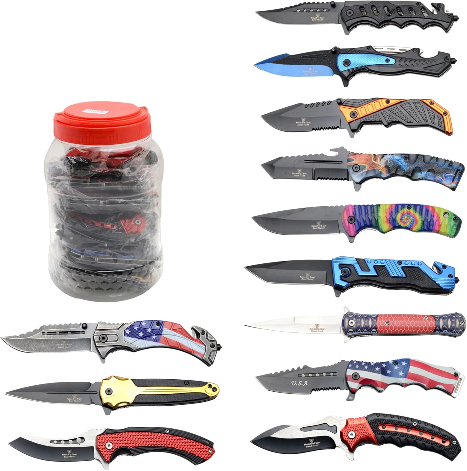 Snake Eye Tactical Spring Assisted Pocket Knife Set, 48 & 24 Different Knives, 4.5 Inch Closed, 3.5 Inch Blade, Counter Display Jar (Assorted-1328-24)