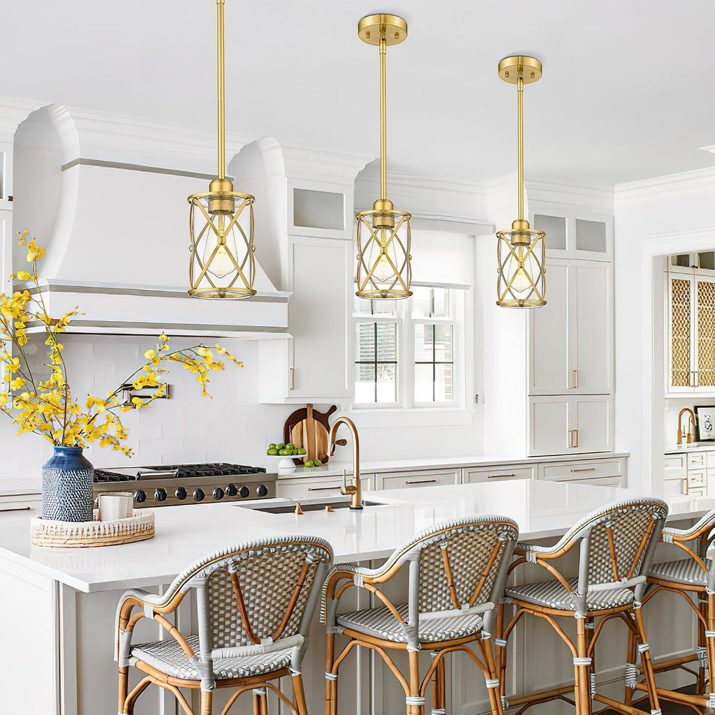 Brushed Gold Pendant Lights Kitchen Island 3 Pack, Glass Kitchen Pendant Lighting Over Island with Rod, Modern Mini Hanging Light for Kitchen Sink Dining Room, CH9176BG-3PK