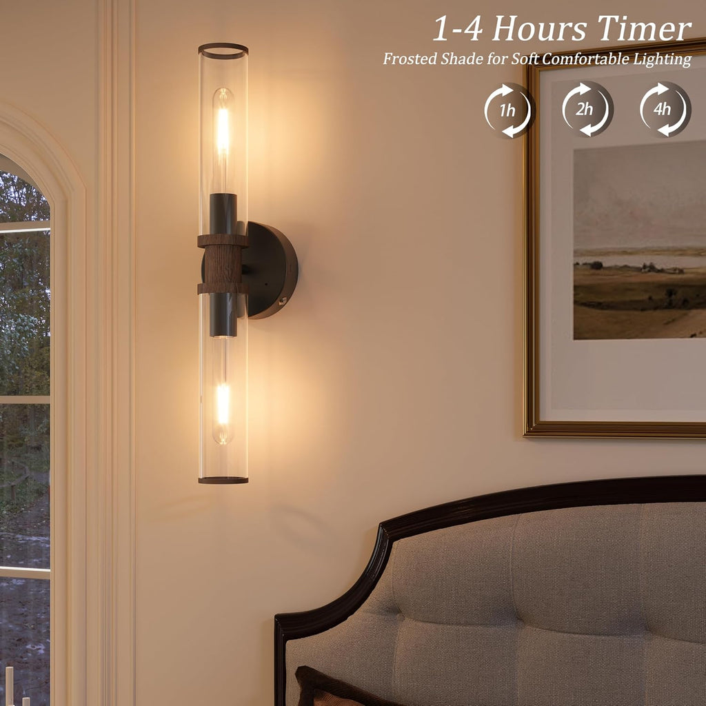 Rayogale Black & Walnut Wireless Battery Operated Wall Sconces with Remote | Glass Rechargeable Wall Lights Set of 2 with Timer Function Dimmable for Living Room Bedroom Emergency 3000K, 20.5 Inch