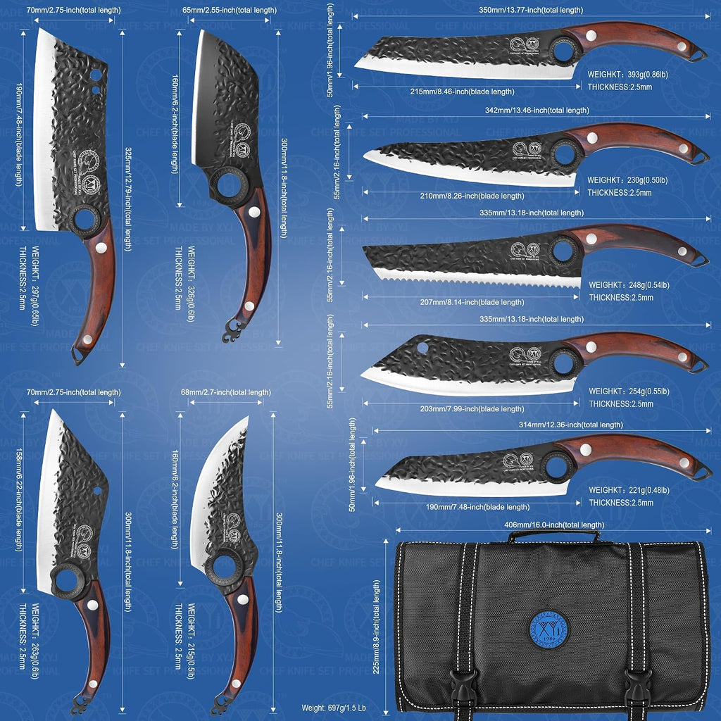 XYJ Professional Kitchen Knife Set with High-Carbon Steel Forged Blades, Chef's Knife, Cleaver, Carving Knife, Nakiri, Full Tang Design, Includes Carrying Bag & Poultry Scissors