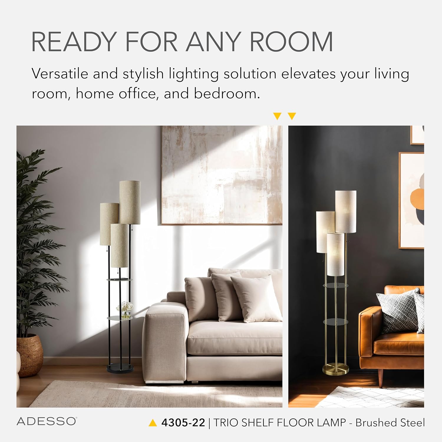 Adesso Trio Floor Lamp with Three Pull Chain Lights and Two-Tier Storage, Brushed Steel Base, White Linen Shades, 68' Tall, Enhances Room Decor and Lighting