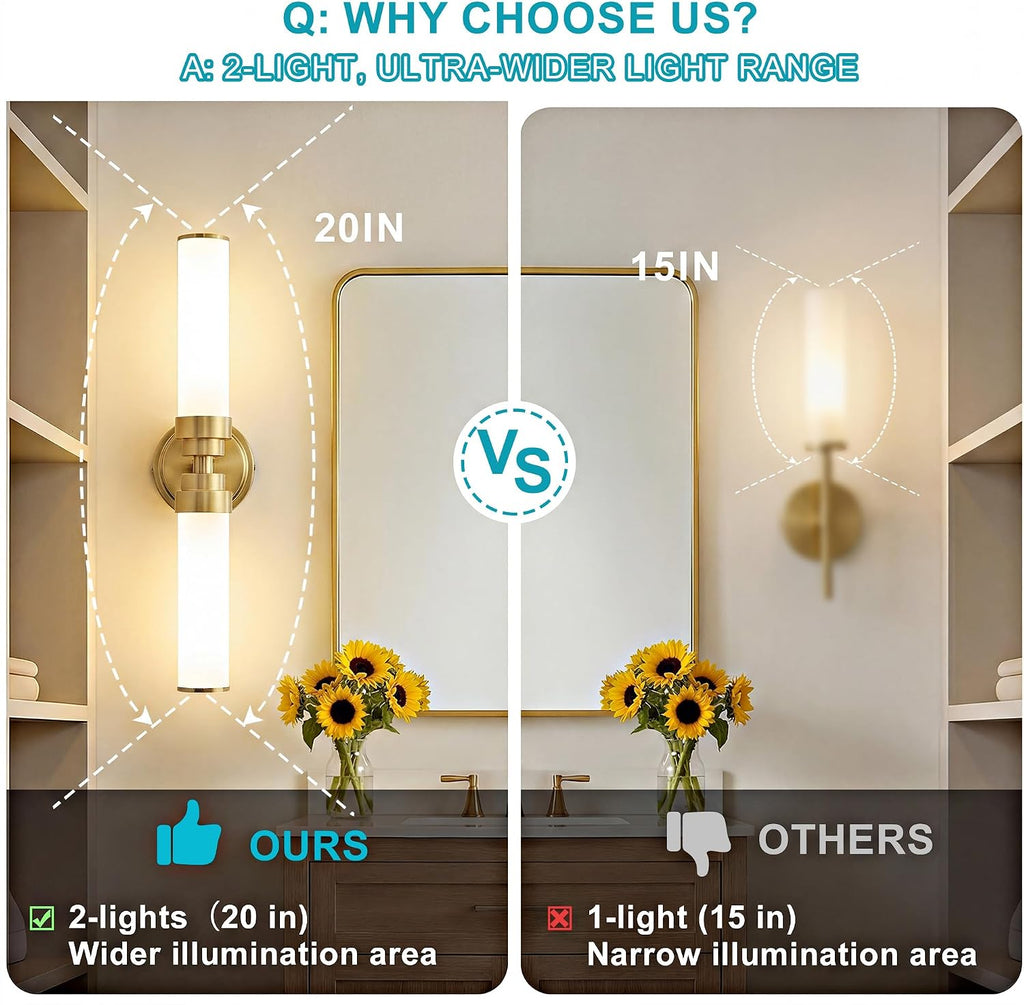 Bathroom Light Fixtures 2 Pack, Gold Wall Sconce with Milk Glass Shade, Modern Vanity Light Up and Down Sconces Wall Light - Bulb Not Included