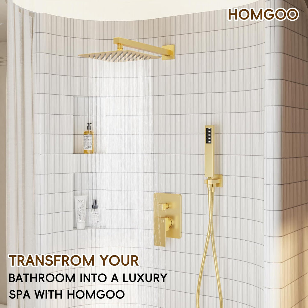 Gold Shower System, Shower Faucet Set with 10' Rain Showerhead and Handheld Combo Spray, Bathroom Wall Mounted High Pressure Shower Combo Set Included Valve and Trim, Brushed Gold