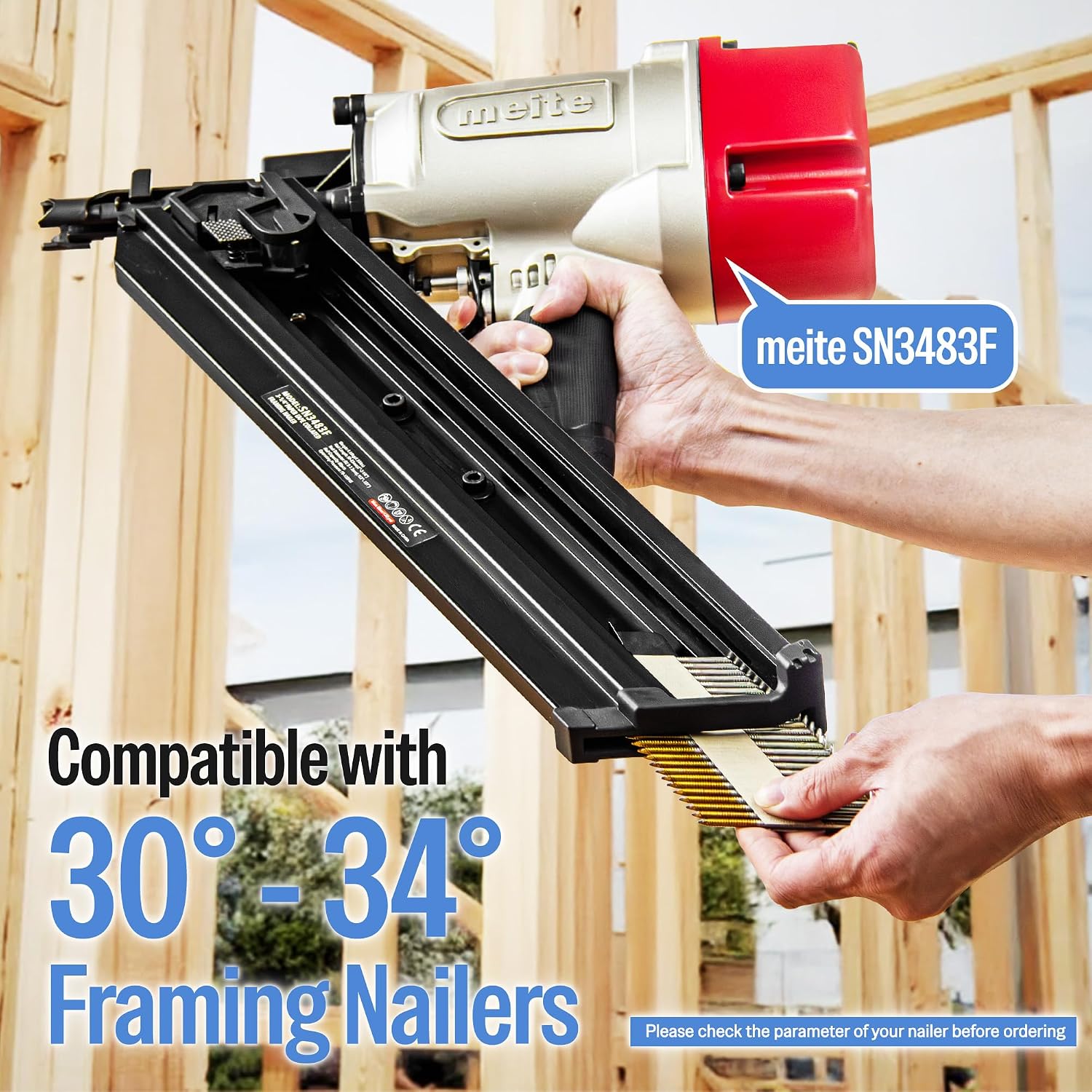 meite SN3483F 30 Degree Framing Nailer with 2-3/8 Inch Framing Nails, Galvanized Paper Collated Framing Nails Smooth Shank for Wall Stud Sheathing Decking 2,000PCS