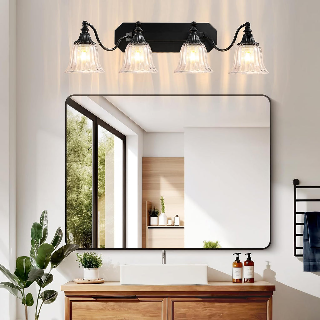 Black Vintage Bathroom Vanity Light Fixture, 4-Light Vanity Light for Bathroom, Antique Matte Black Finish with Crystal Glass Shade, Lighting Fixtures Over Mirror for Bedroom Living Room