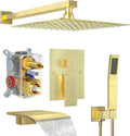 Brushed Gold Shower System with 12-Inch Rain Showerhead and Tub Spout | cUPC-certified pressure balance brass valve to prevent scalding, CEC-certified air injection technology for low pressure