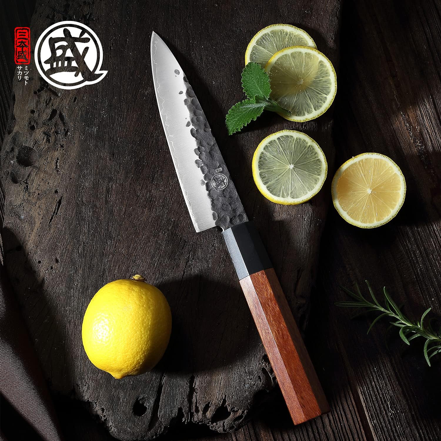 MITSUMOTO SAKARI 4-Piece Japanese Chef Knife Set, 9Cr18MoV Steel | Gyuto, Santoku, Nakiri and paring knives, 3-layer 9Cr18MoV steel, rosewood handles, sandalwood box