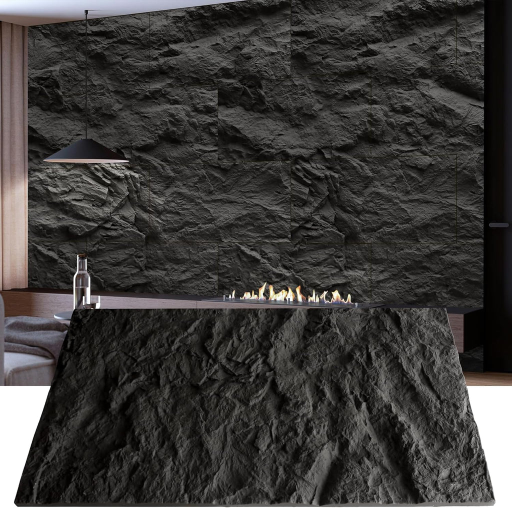 KASARO 3D Faux Stone Wall Panels, 4 PCS PU Wainscoting Panel for Interior Wall Decor, Cement Texture Thicker Accent for Home, Office, 43.3 × 23.6 inch, Black