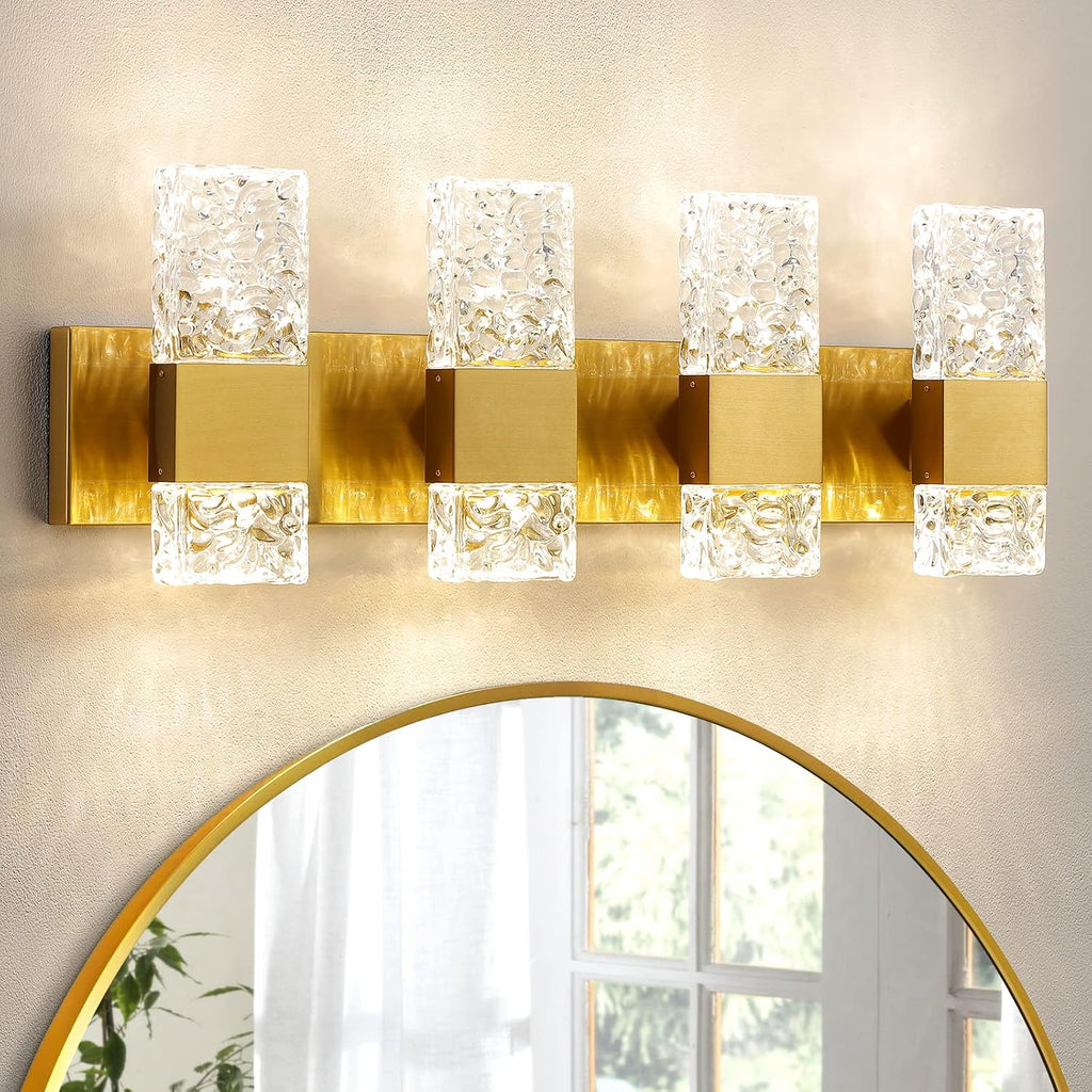 Epinl Gold Bathroom Vanity Light Fixtures - Brushed Gold Vanity Light Bathroom Lighting Fixtures Over Mirror 40W Dimmable Crystal Wall Sconces 4 Light LED Modern Bathrooms Lights 4000K
