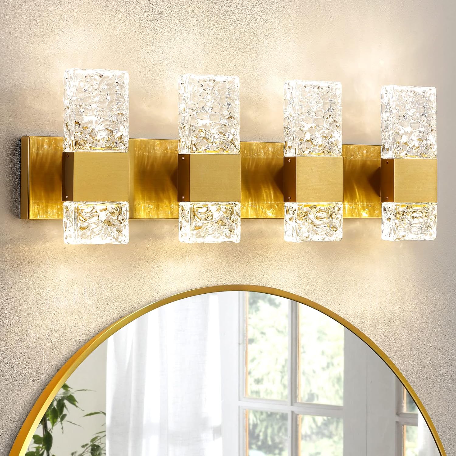 Epinl Gold Bathroom Vanity Light Fixtures - Brushed Gold Vanity Light Bathroom Lighting Fixtures Over Mirror 40W Dimmable Crystal Wall Sconces 4 Light LED Modern Bathrooms Lights 4000K