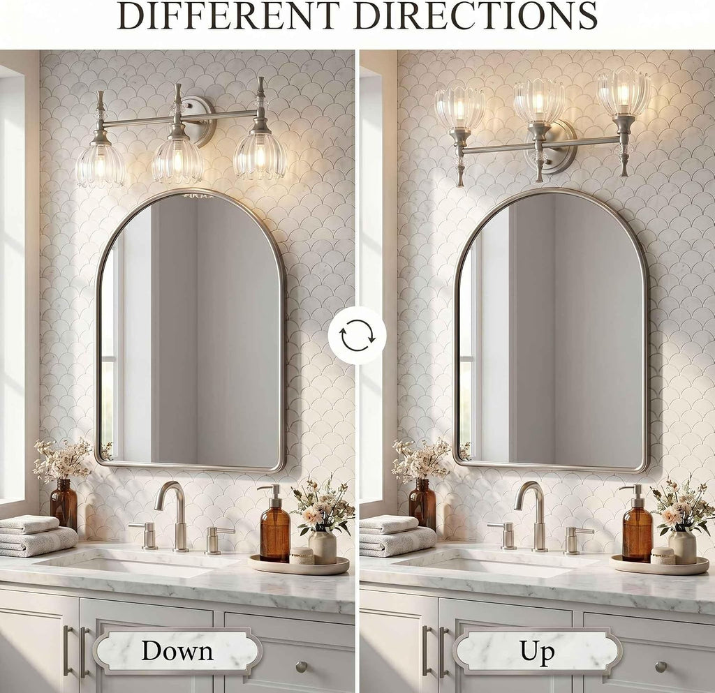 ANDY STAR 3-Light Brushed Nickel Bathroom Vanity Light, Transitional Sconce | Ribbed Glass & Crystal Accent, Damp-Resistant, Ceramic E12 Base, Reversible Up/Down Mounting