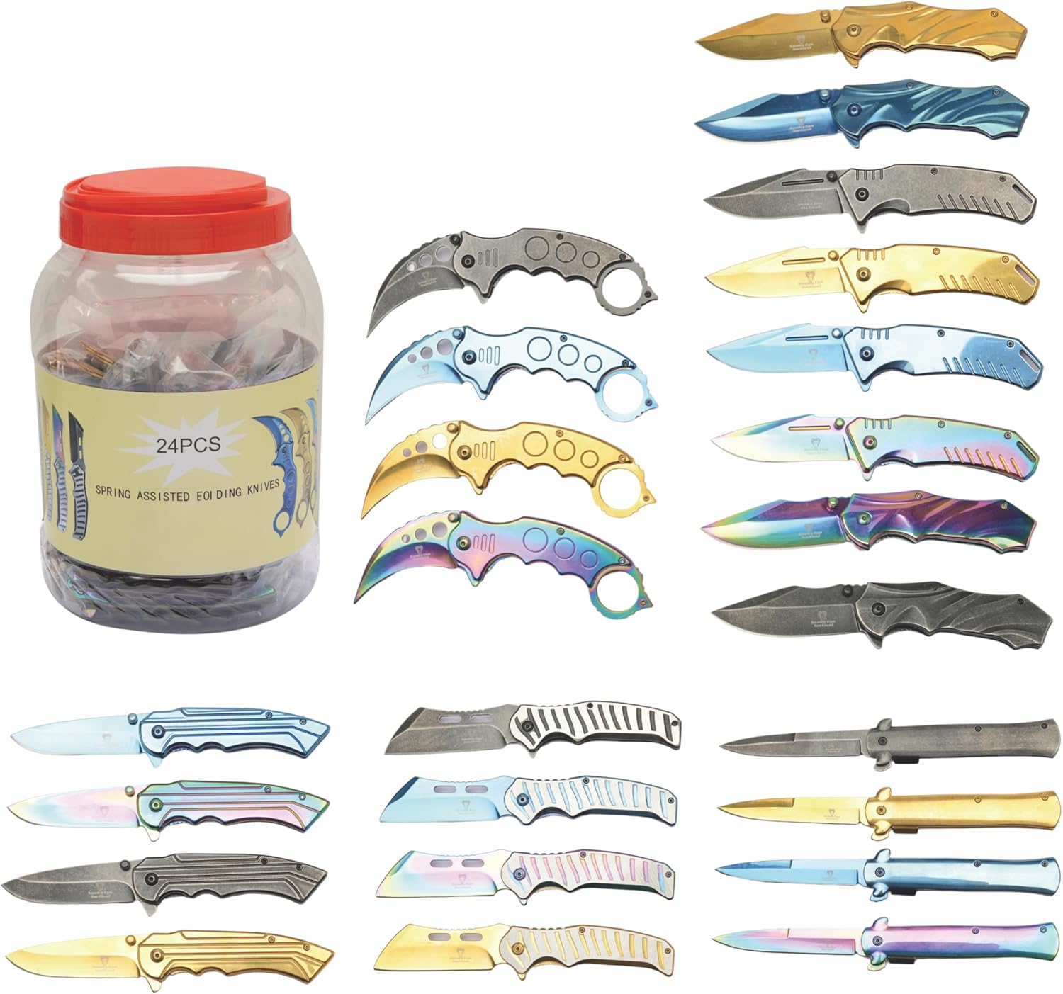 Snake Eye Tactical Spring Assisted Pocket Knife Set, 48 & 24 Different Knives, 4.5 Inch Closed, 3.5 Inch Blade, Counter Display Jar (Assorted-24)