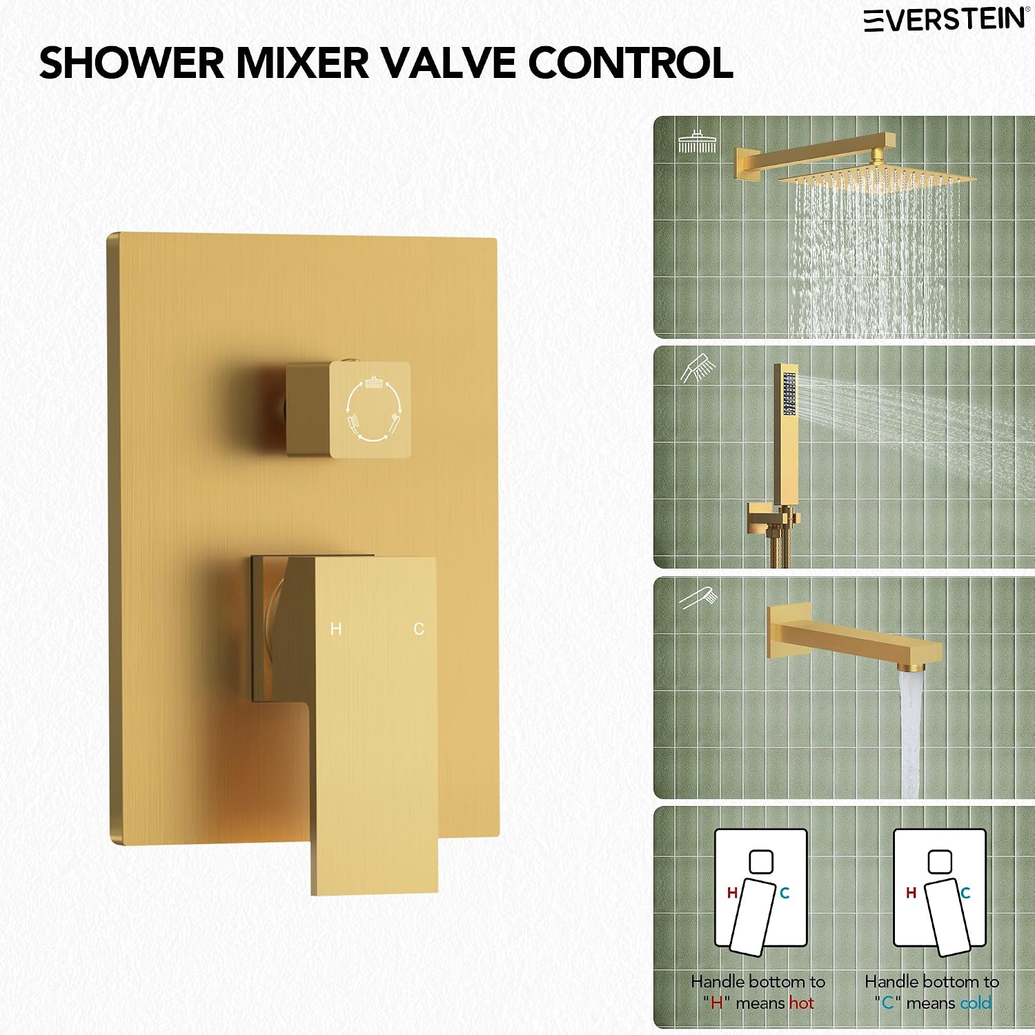 Shower Tub Faucet Set, 10' Bathroom Rainfall Shower Head Fixtures Combo with Handheld Spray and Tub Spout, Brushed Gold (Valve Included)