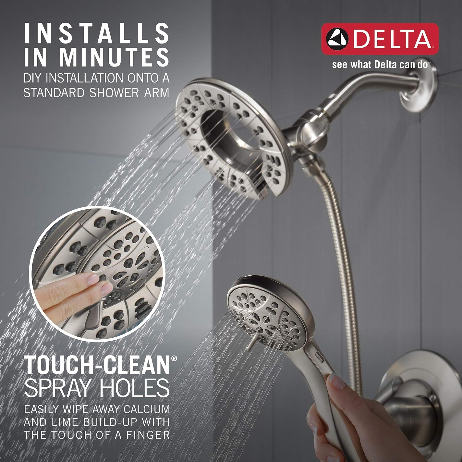 Delta Arvo 14 Series Brushed Nickel Shower Faucet Set with In2ition 2-in-1 Dual Shower Head with HandHeld Spray Combo, Valve Trim Kit, SpotShield Stainless 142840-SP-I (Valve Included)