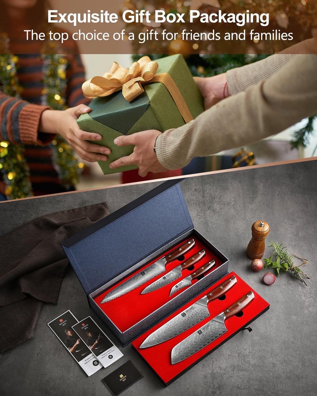 XINZUO 5 Pcs Knife Set, Professional Super Damscus Steel Kitchen Knife Set, Ultra Sharp Blade, Natural Rose Handle, Chef Gift Box-Yi Series