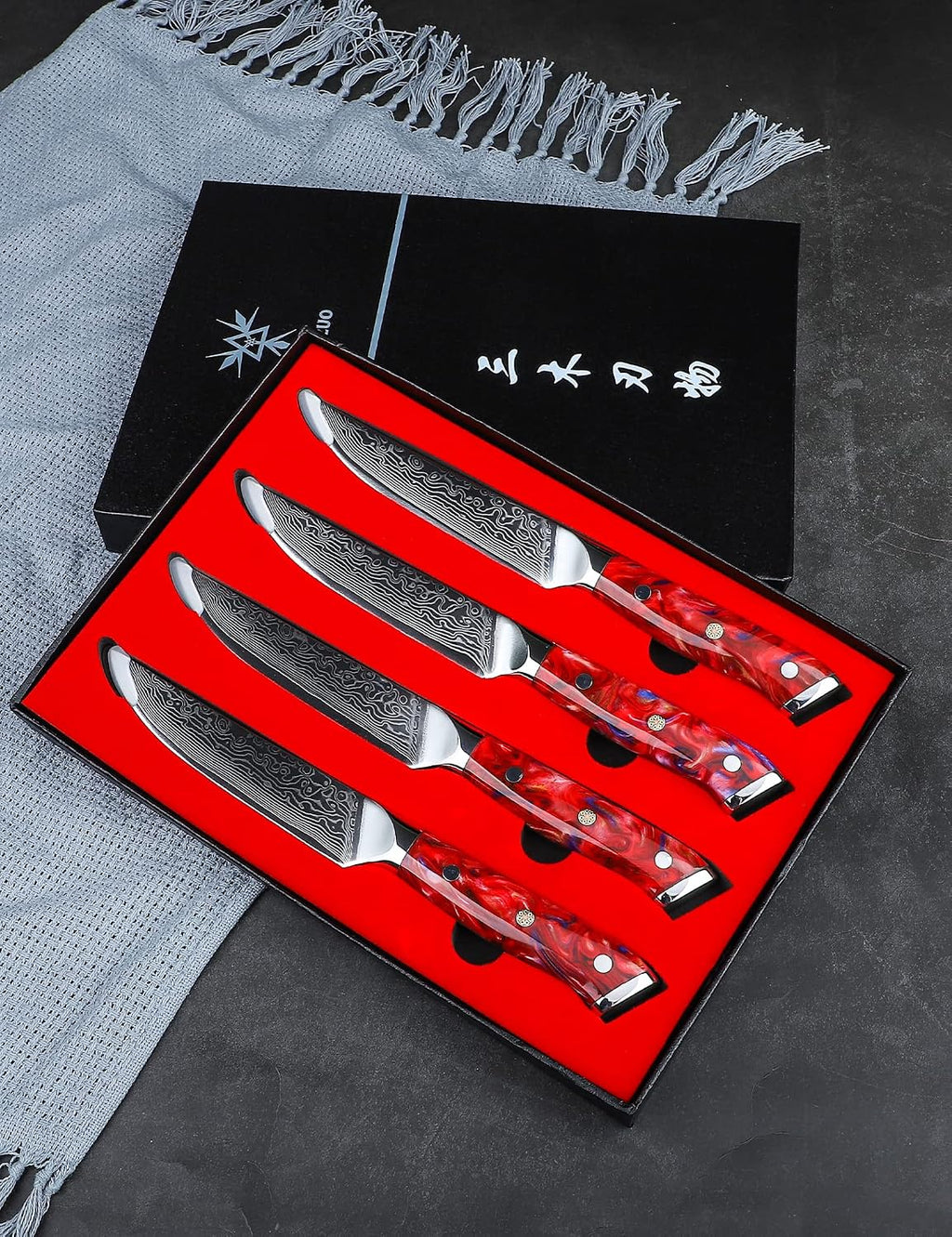 Steak Knives Set of 4, Ultra Sharp Non Serrated Kitchen Steak Knife 5 Inch - Damascus Steel & Resin Handle - Xuan Series (Sunset Red)