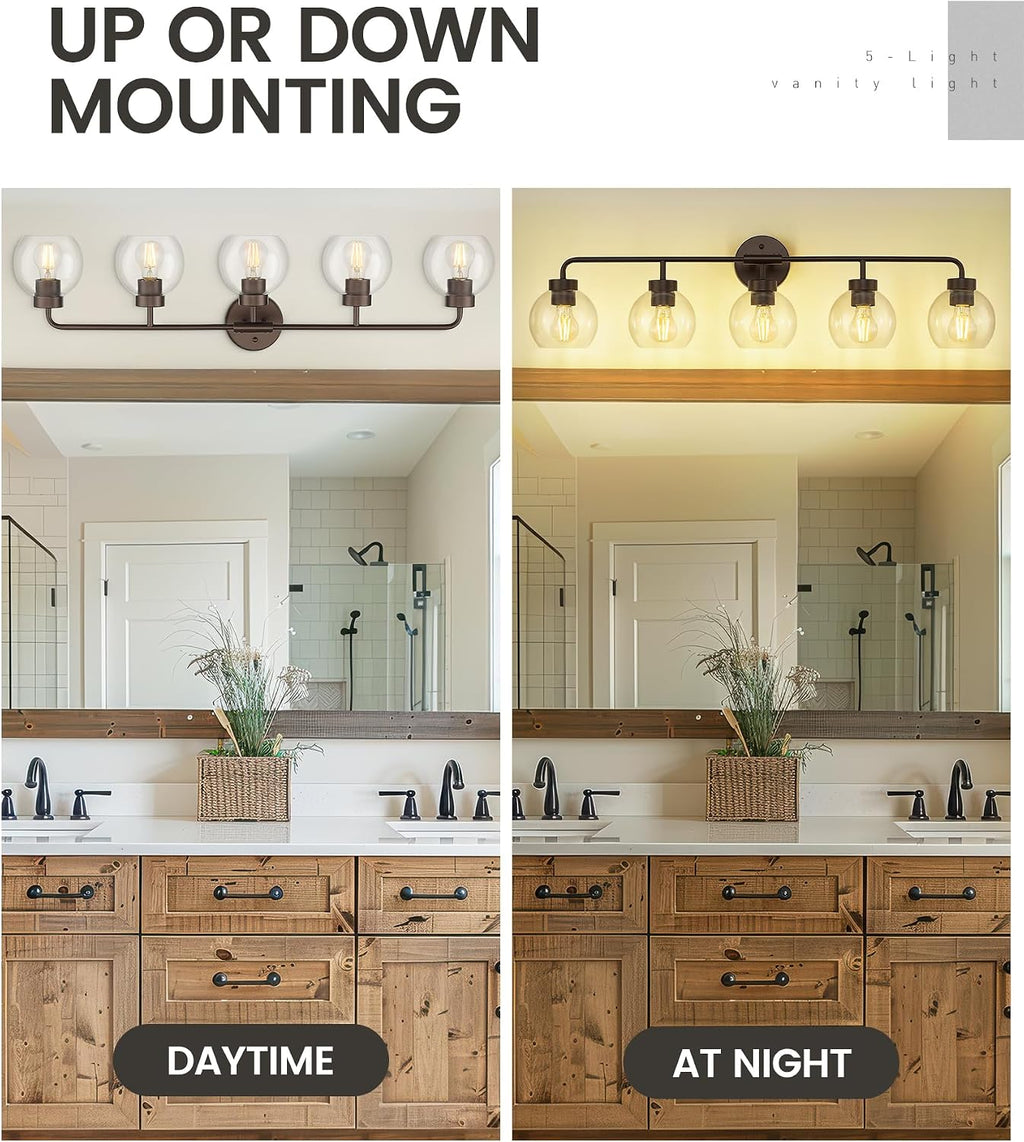 zeyu 5-Light Modern Vanity Light Fixture, 38.5 Inch Bathroom Light Fixtures Wall Mount with Clear Glass Globe Shade, Oil Rubbed Bronze Finish, ZS62BG-5W ORB