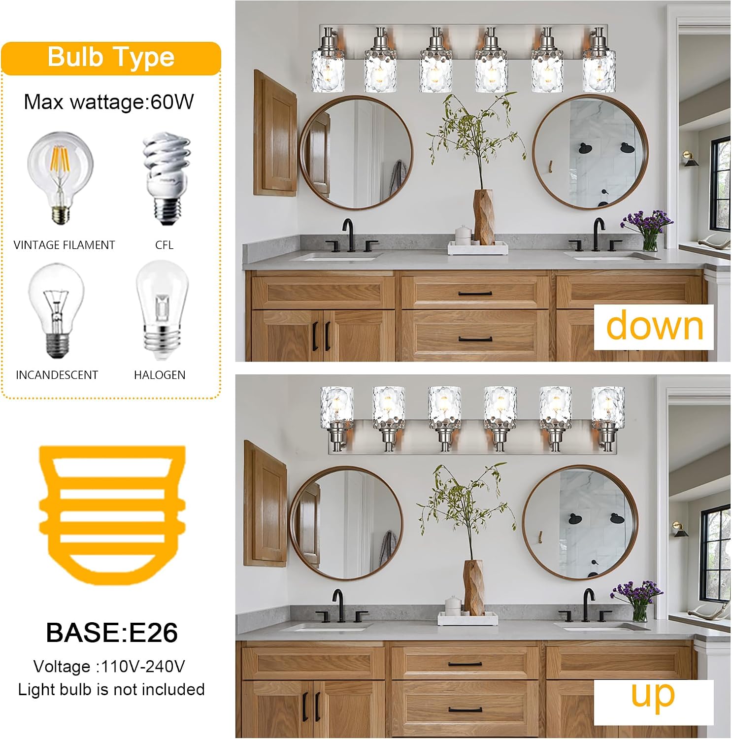 BONLICHT Vanity Light Fixture Brushed Nickel 6-Light Modern Farmhouse Wall Sconce Bathroom Lighting with Hammered Glass Industrial Wall Mount Lights for Kitchen Dining Room Cabinet Corridor