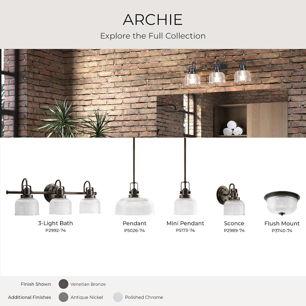Progress Lighting 3-Light Clear Double Prismatic Glass Coastal Bath Vanity, Archie Collection, Venetian Bronze, P2992-74