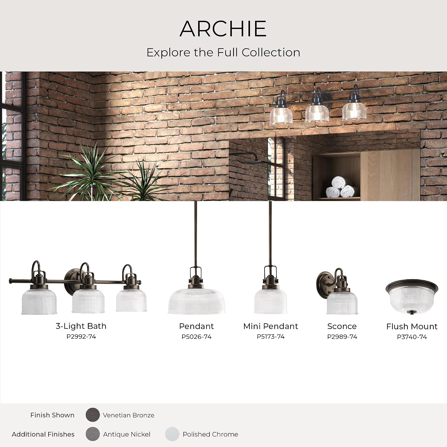 Progress Lighting 3-Light Clear Double Prismatic Glass Coastal Bath Vanity, Archie Collection, Venetian Bronze, P2992-74