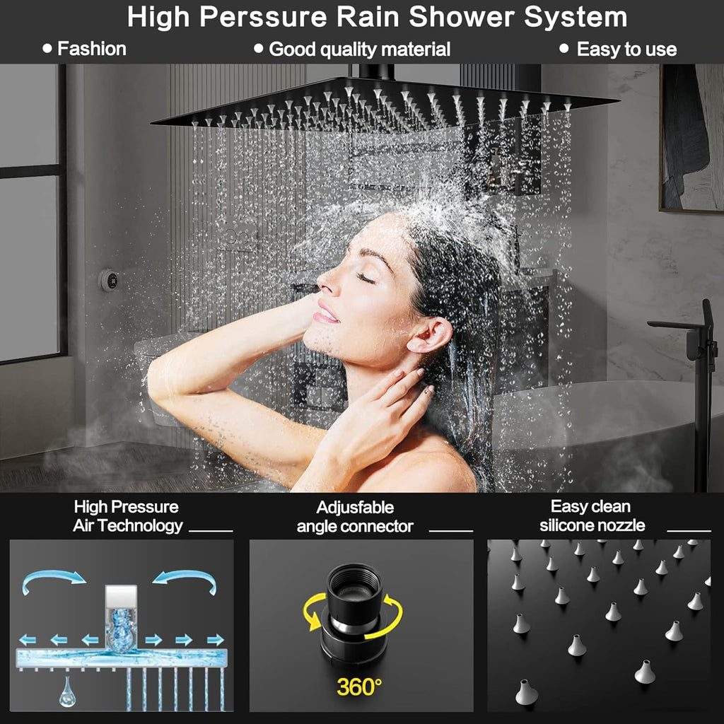Rain Shower System 12 Inches Shower Head with Handheld Combo Set for Bathroom,High Pressure Rainfall Shower Faucet Set Wall Mounted,Rough-in Valve and Trim Kit(Matte Black)