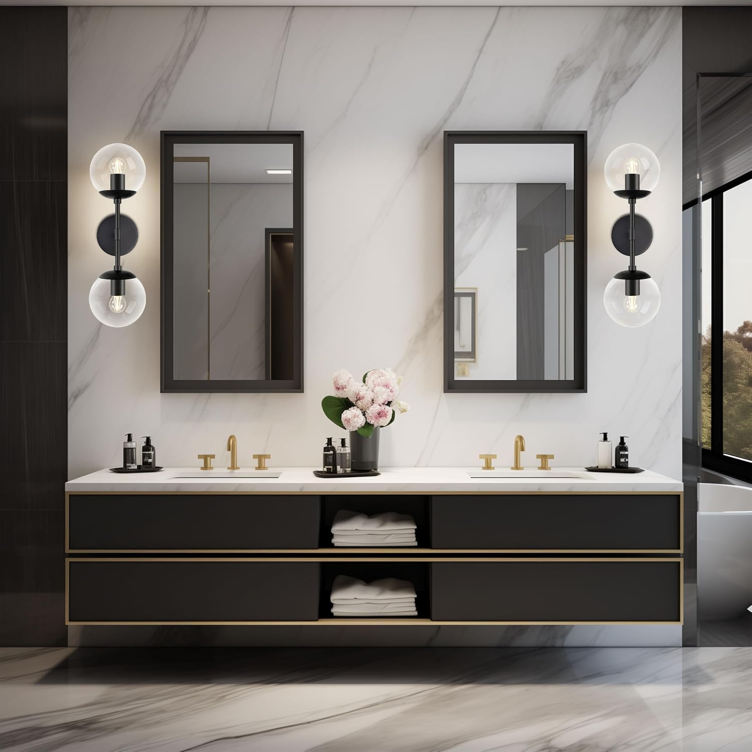 KoKo&Yukina 2 Pack Mid Century Modern Bathroom Vanity Light Matte Black Vanity Lighting Fixtures Modern Wall Sconce 2-Lights Globe Vanity Light with Clear Glass Shade for Bathroom(Bulb Incl.)