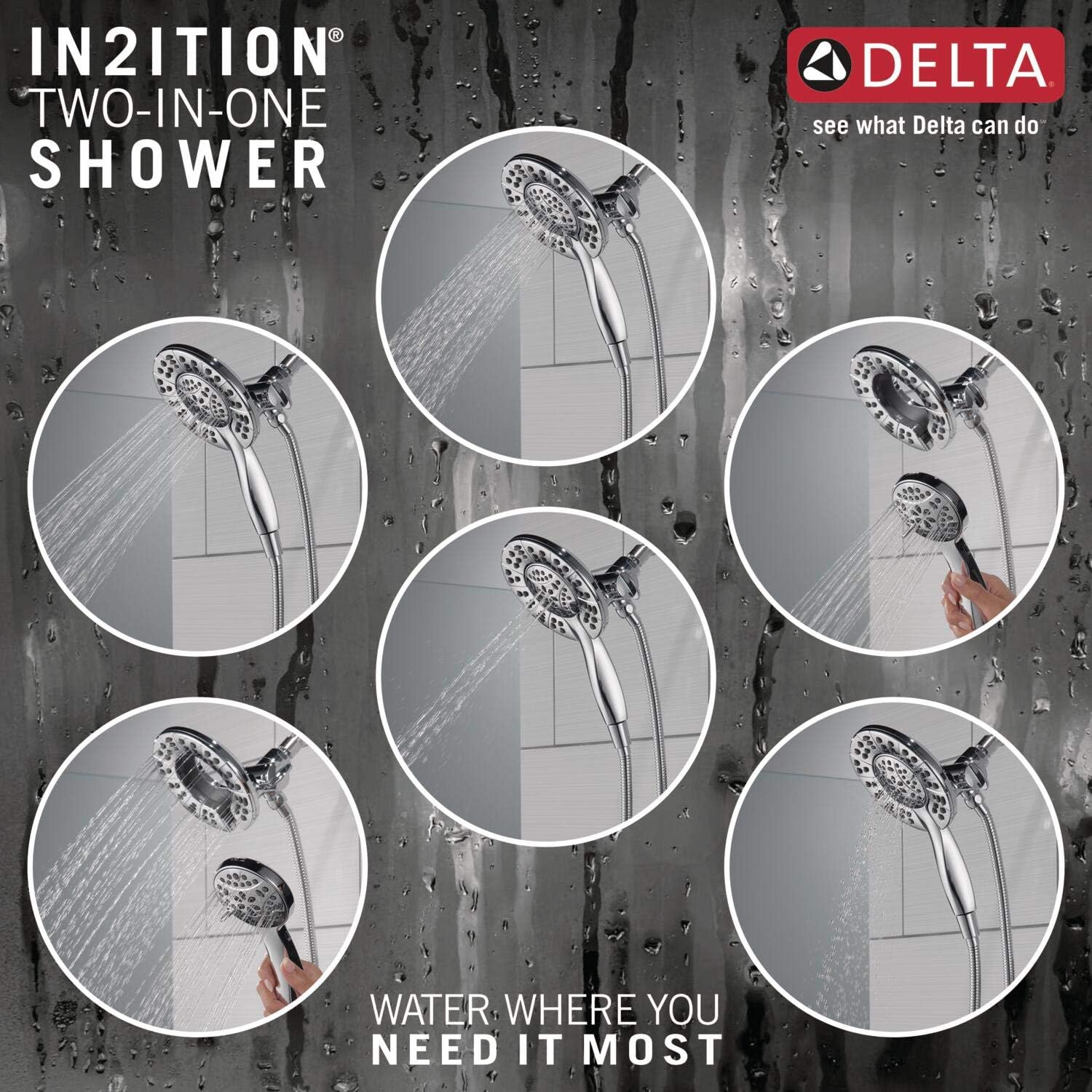 Delta Arvo 14 Series Chrome Bathtub Shower Faucet Set with In2ition 2-in-1 Dual Shower Head with Handheld Spray Combo, Valve Trim Kit, Chrome 144840-I (Valve Included)