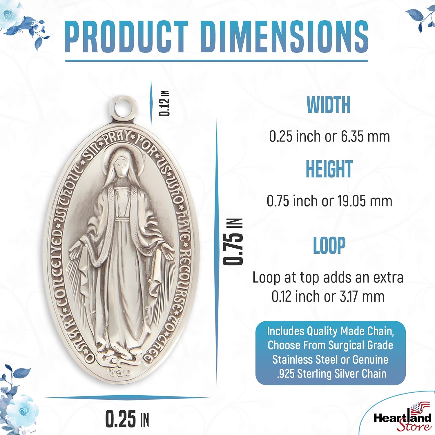 Heartland Store Oval Sterling Silver Miraculous Medal Necklace for Men–Tarnish Resistant, Hand-Finished in USA, Thoughtful Religious Present for Holidays & Special Occasions with Various Chain Sizes
