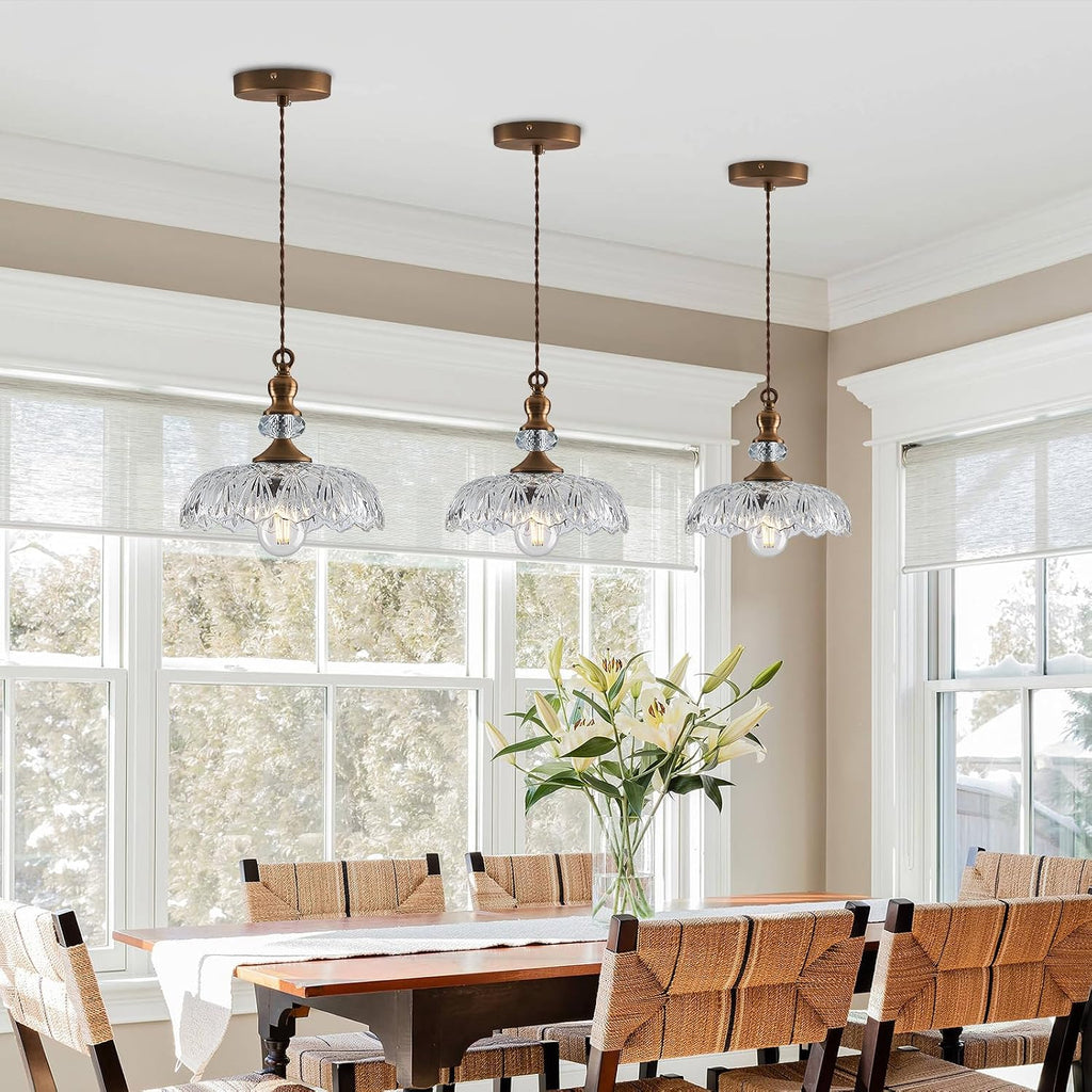 CVKASH Vintage Glass Pendant Light Fixture 3-Pack Brass Modern Adjustable Chandelier Farmhouse Hanging Ceiling Light for Hallway Porch Kitchen Bedroom Coffee Shop Dining Room