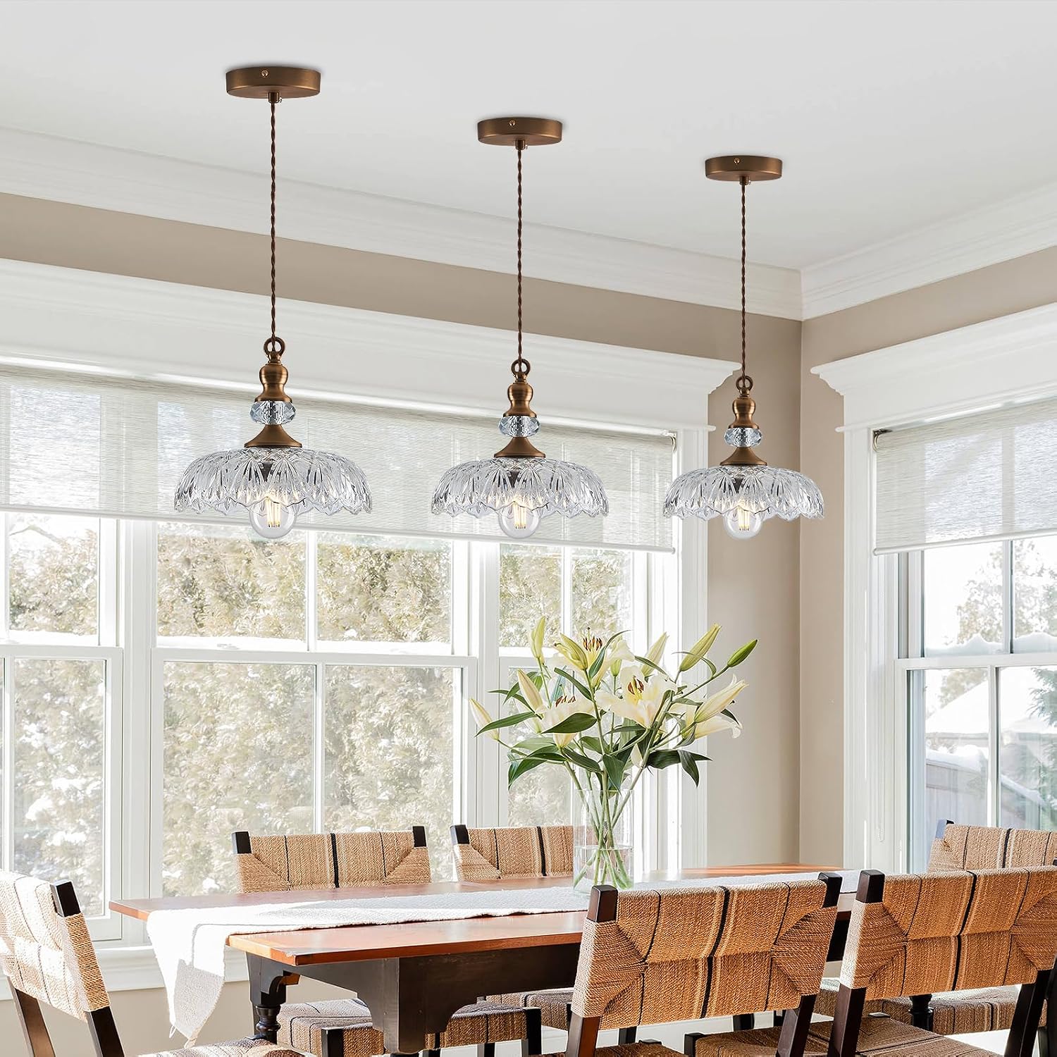 CVKASH Vintage Glass Pendant Light Fixture 3-Pack Brass Modern Adjustable Chandelier Farmhouse Hanging Ceiling Light for Hallway Porch Kitchen Bedroom Coffee Shop Dining Room