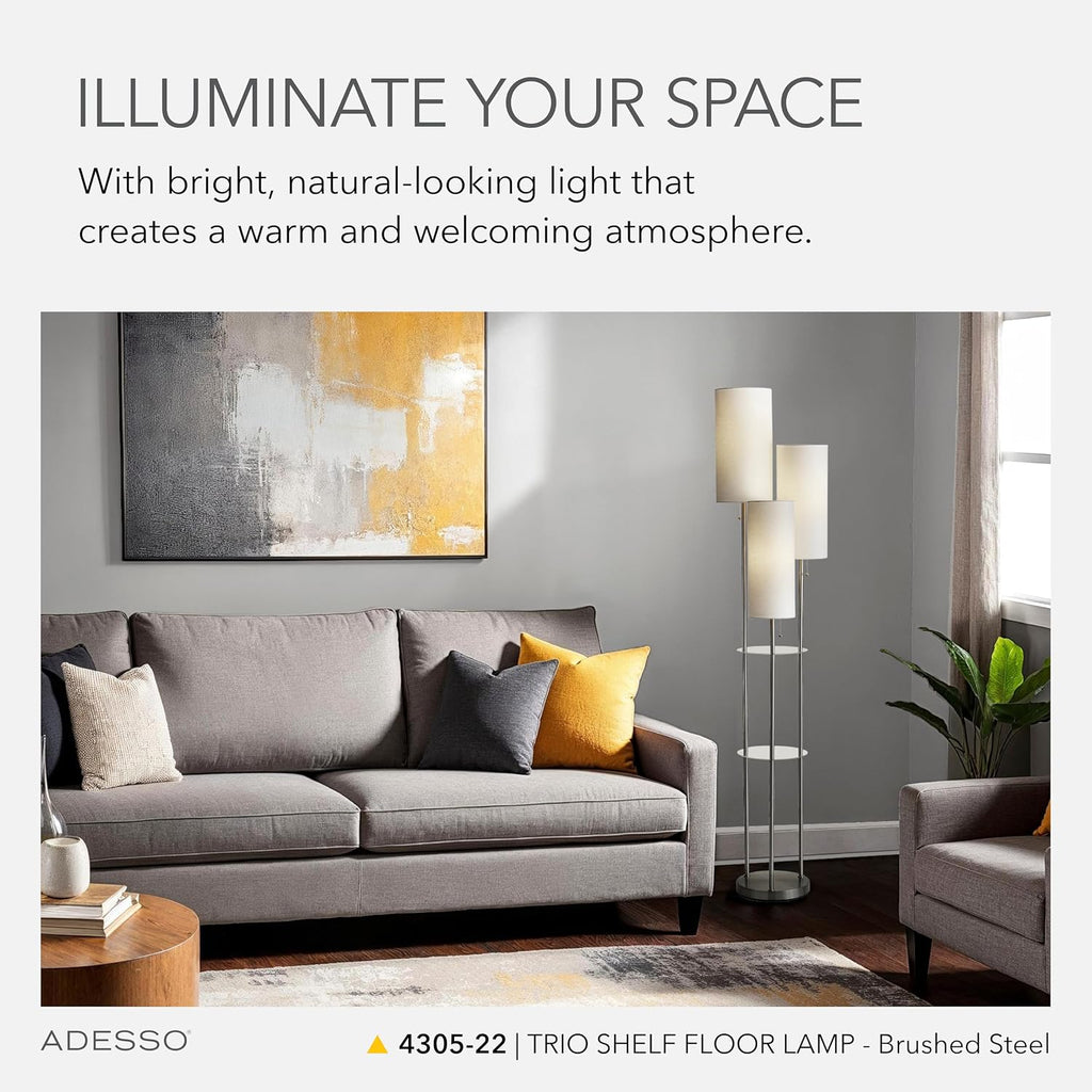 Adesso Trio Floor Lamp with Three Pull Chain Lights and Two-Tier Storage, Brushed Steel Base, White Linen Shades, 68' Tall, Enhances Room Decor and Lighting