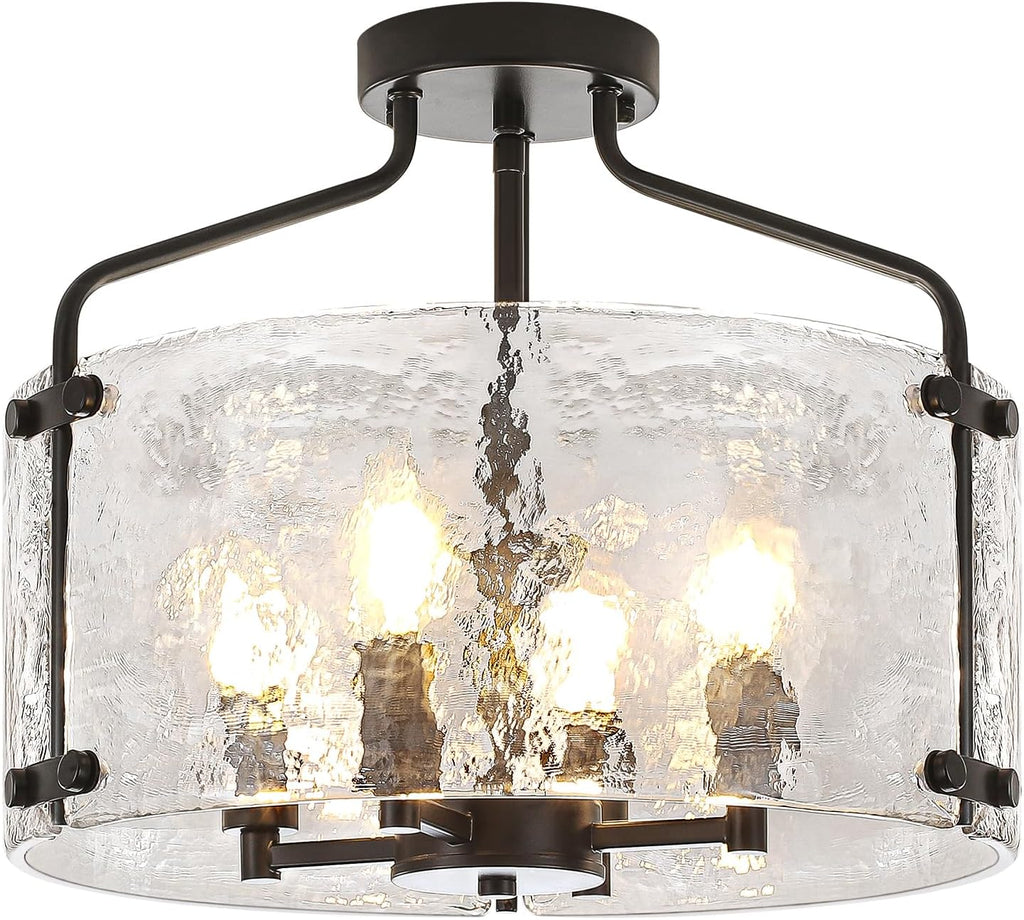 Black Semi Flush Mount Ceiling Lights, Modern Hammered Glass Entryway Hallway Light Fixtures 4-Light Drum Chandelier for Dining Room Bathroom Bedroom Kitchen Foyer Lighting