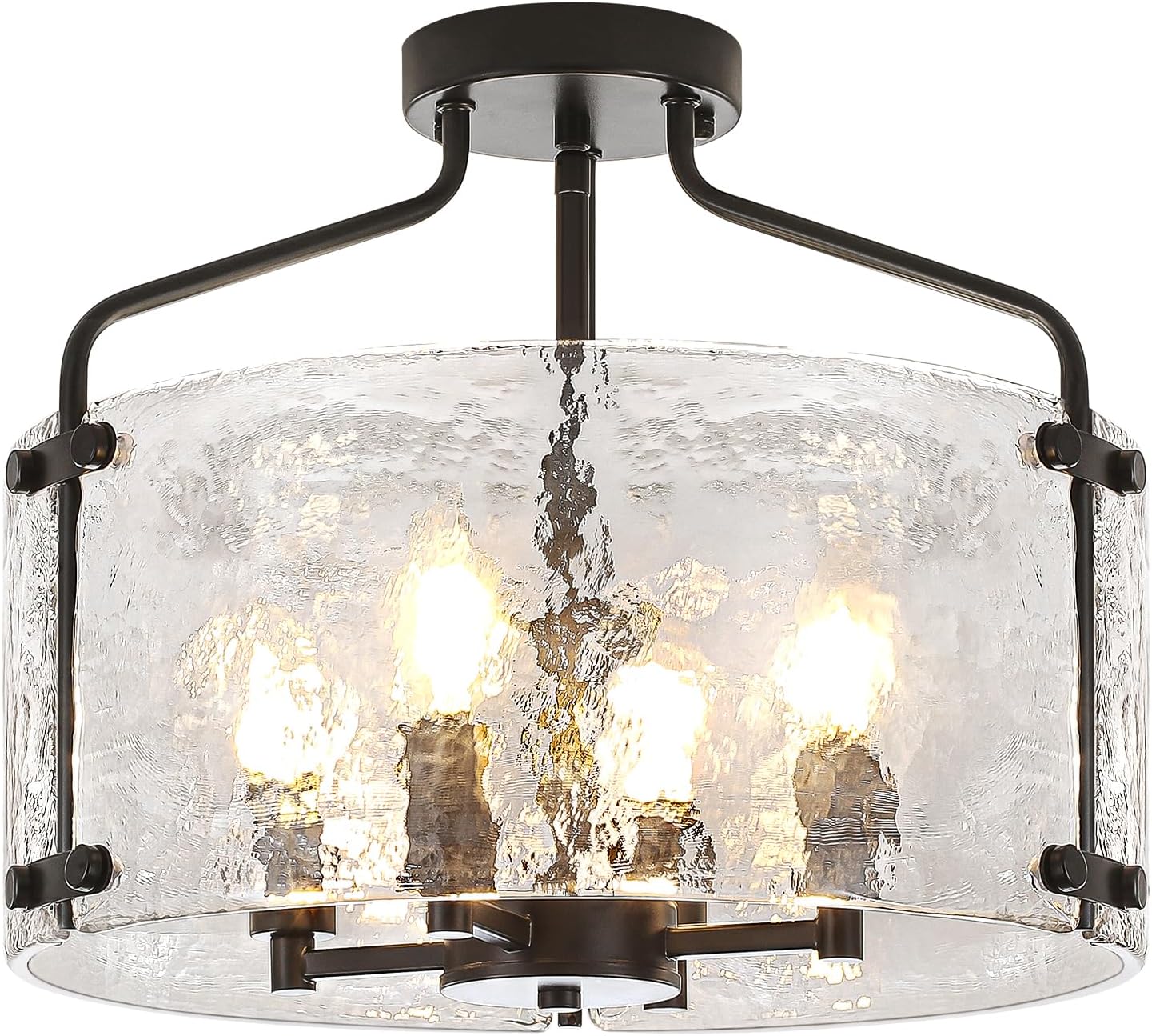Black Semi Flush Mount Ceiling Lights, Modern Hammered Glass Entryway Hallway Light Fixtures 4-Light Drum Chandelier for Dining Room Bathroom Bedroom Kitchen Foyer Lighting