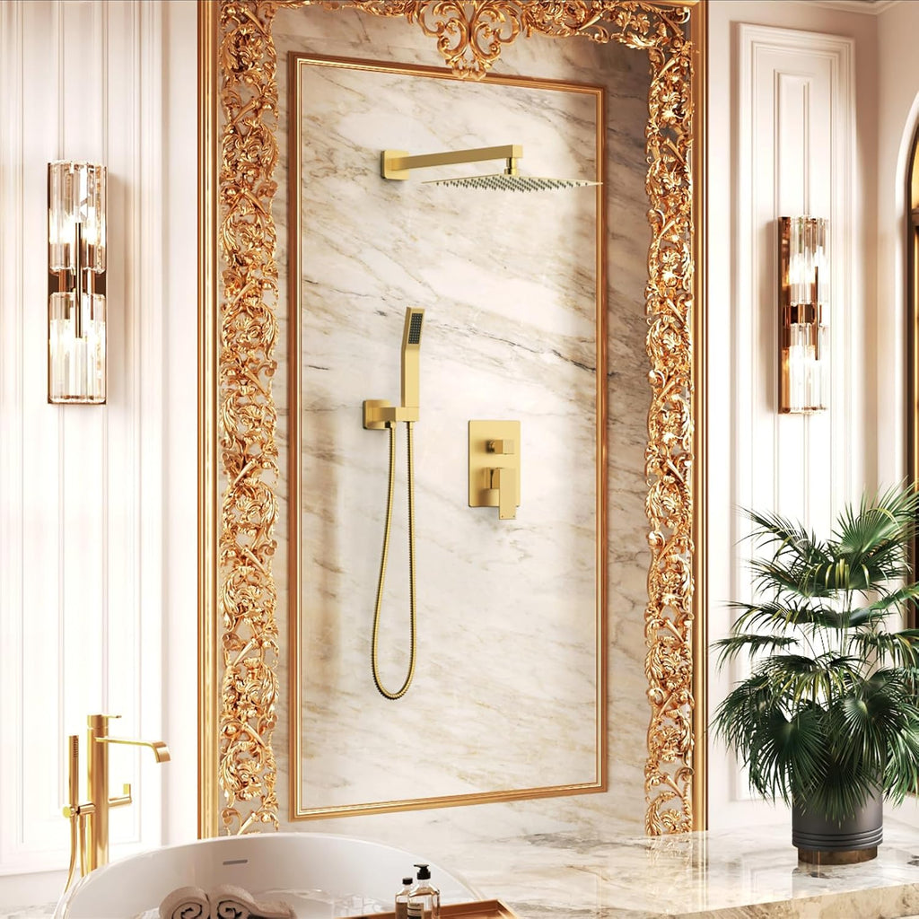 Longriver S200 Shower Faucet Set, Shower System Bathroom High Pressure 10 Inches Rainfall Shower Head with Handheld Spray, Wall Mounted Shower Fixtures with Shower Valve and Trim Kit, Brushed Gold