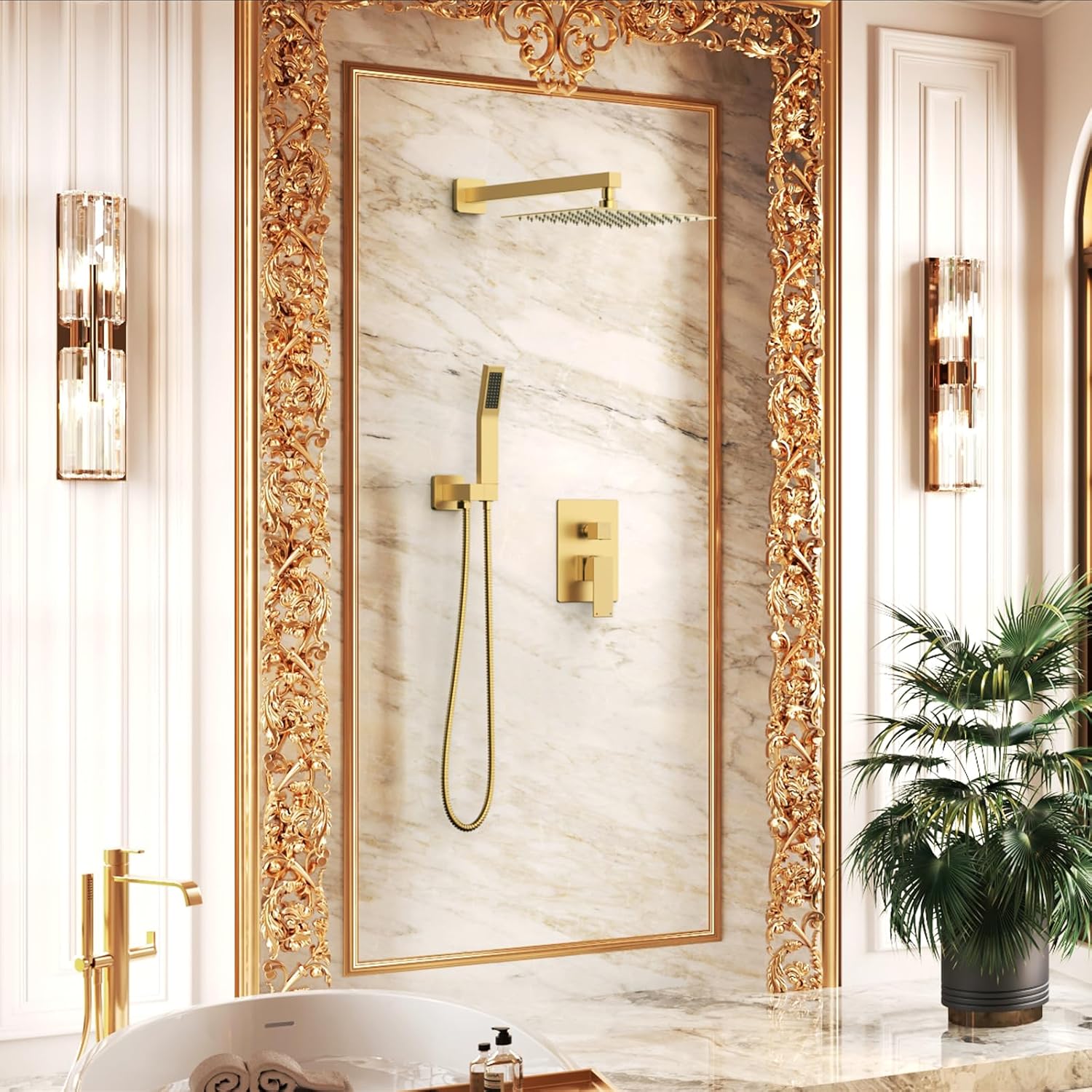 Longriver S200 Shower Faucet Set, Shower System Bathroom High Pressure 10 Inches Rainfall Shower Head with Handheld Spray, Wall Mounted Shower Fixtures with Shower Valve and Trim Kit, Brushed Gold